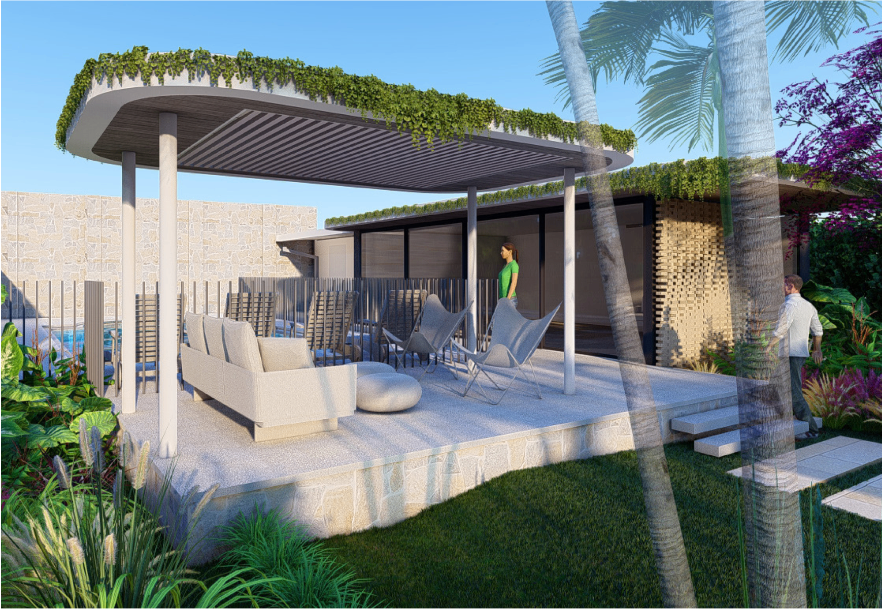 Poolside pavilion — outdoor living, pergola and lush planting