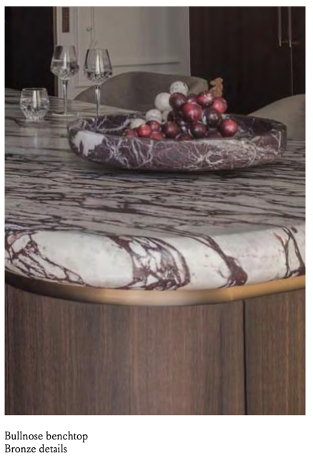 Kitchen — bullnose benchtop, bronze details