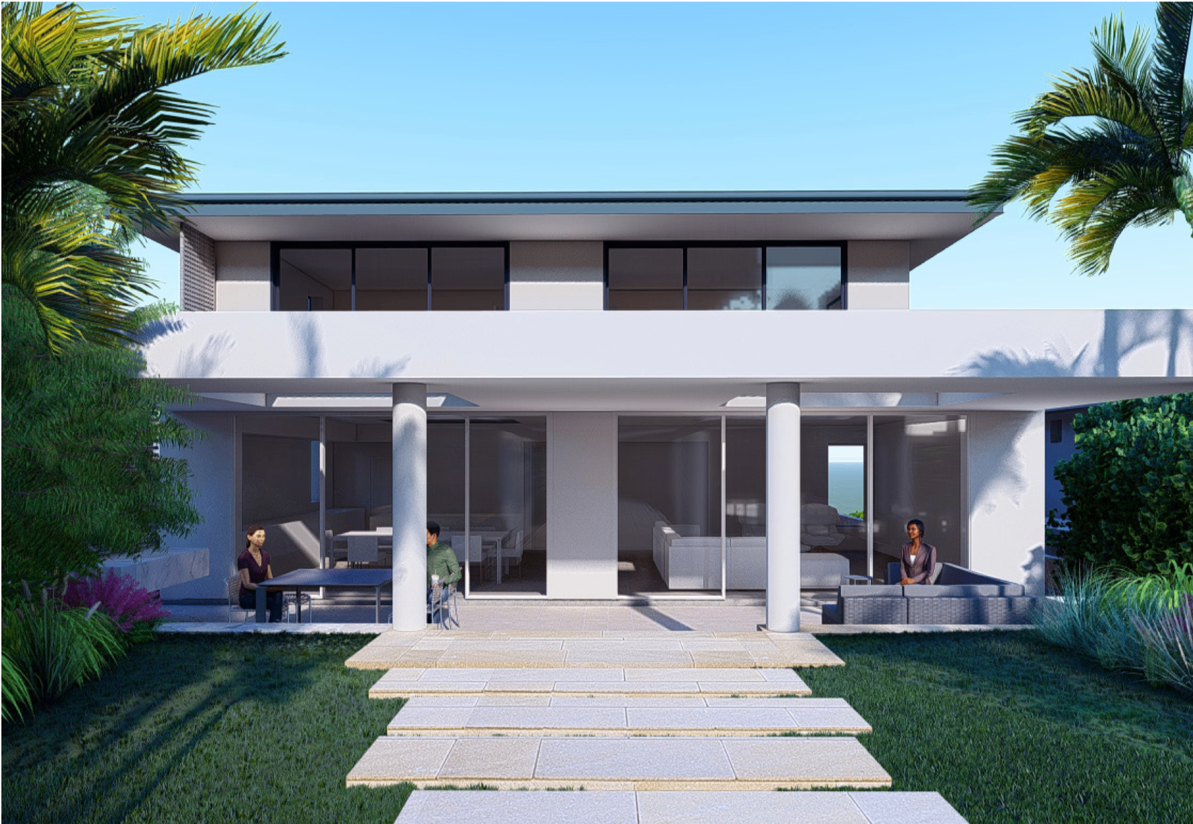 Rear facade — colonnade, garden terrace and indoor-outdoor living